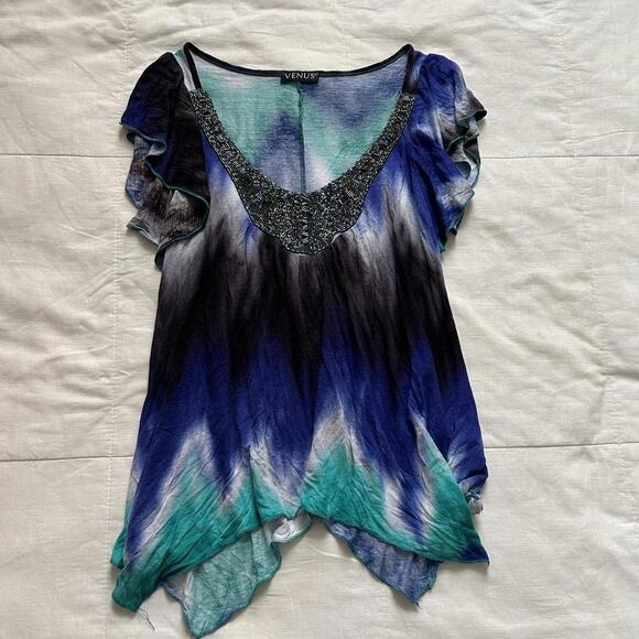 Y2K Blue and green Venus tie dye top with beaded detailing - Picture 1 of 7
